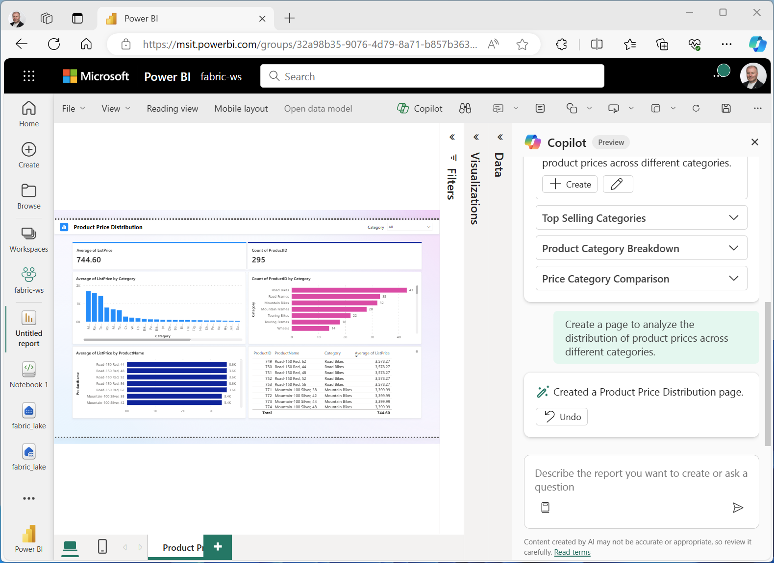 Snímek obrazovky s Copilotem v Power BI