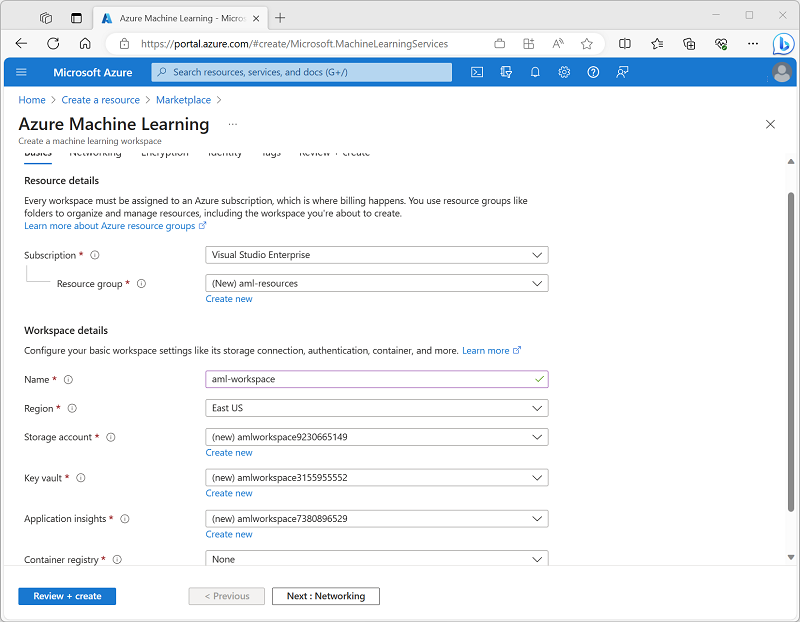 Snímek obrazovky se stránkou Vytvořit pracovní prostor Azure Machine Learning v Azure Portal