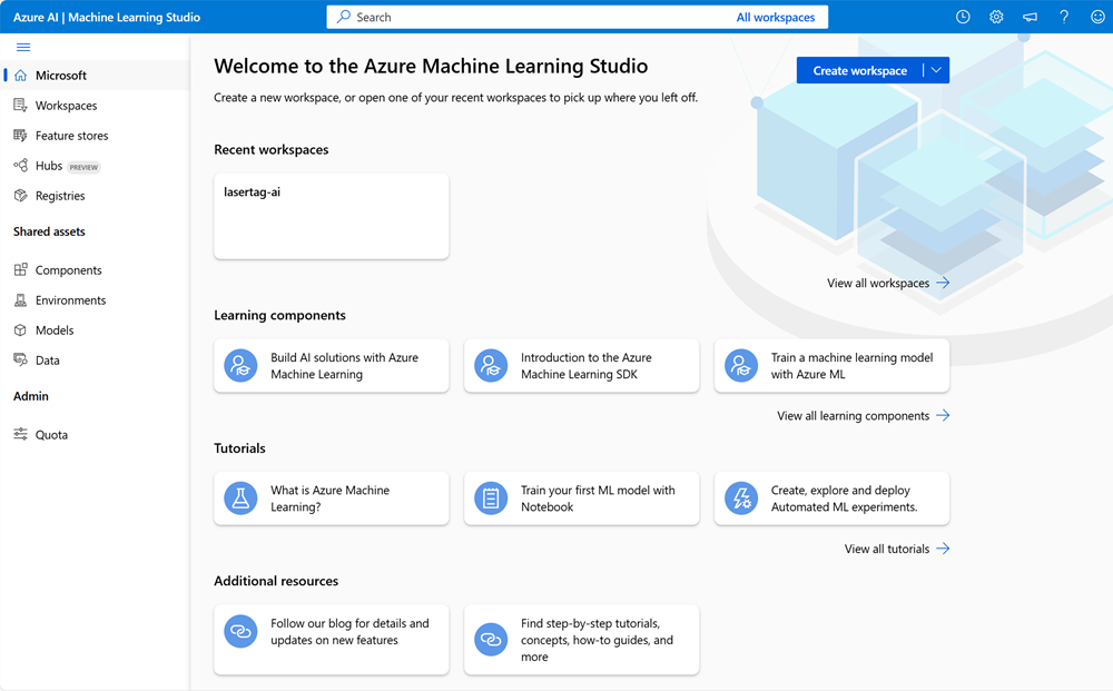 Snímek obrazovky s cílovou stránkou nástroje Azure Machine Learning Studio