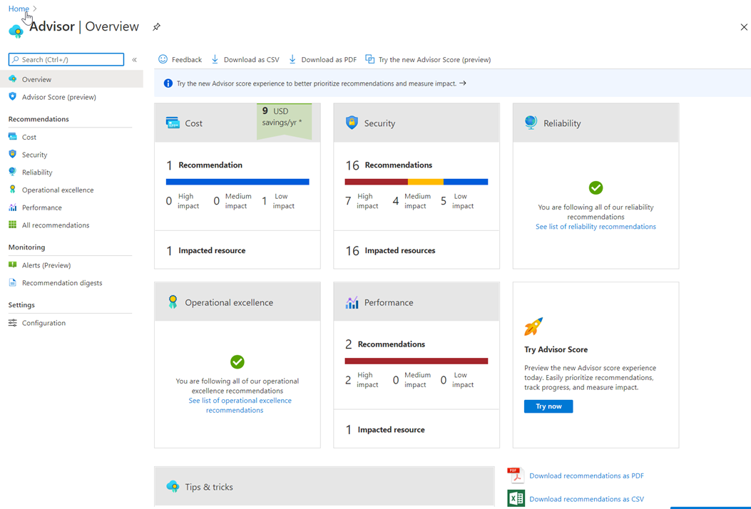 Řídicí panel Advisoru na webu Azure Portal.