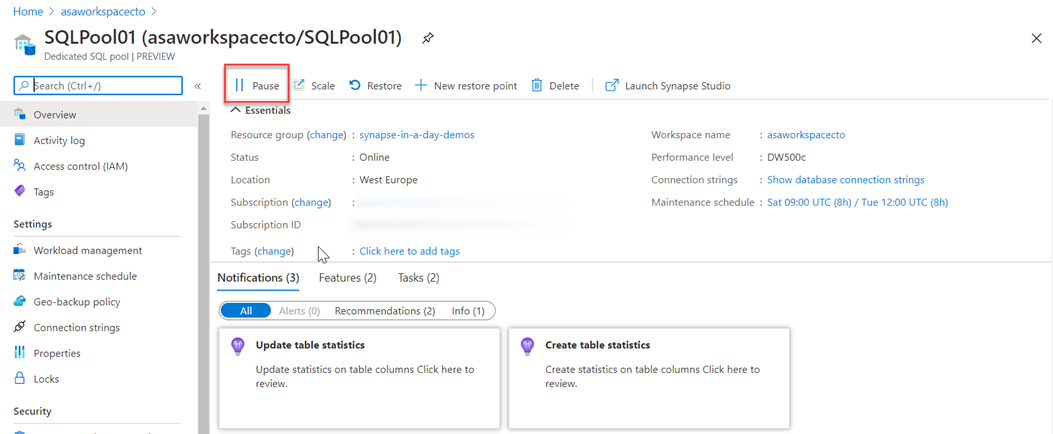 Pozastavte výpočetní prostředky na webu Azure Portal.