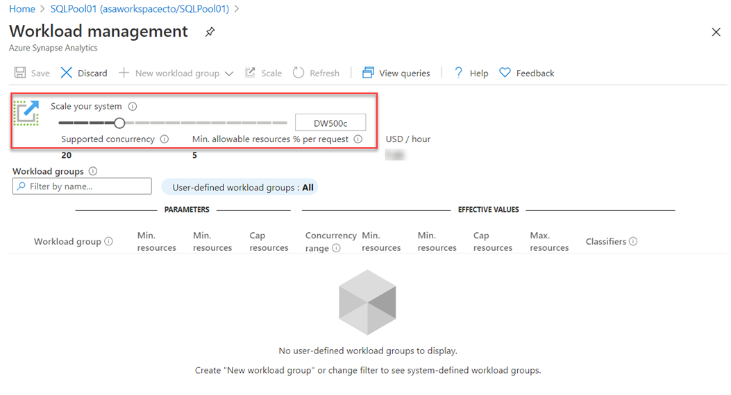 Pomocí posuvníku škálujte výpočetní prostředky na webu Azure Portal.