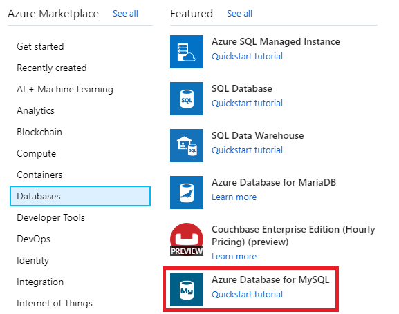 Obrázek znázorňující položku Azure Database for MySQL na Azure Marketplace