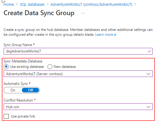 Snímek obrazovky znázorňující novou stránku skupiny synchronizace z webu Azure Portal