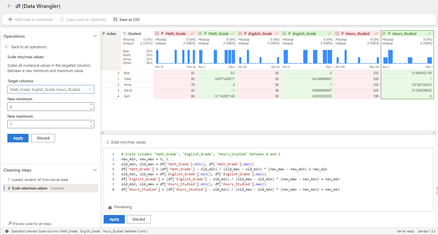 Screenshot showing how to apply min-max scaler operator in Data Wrangler.