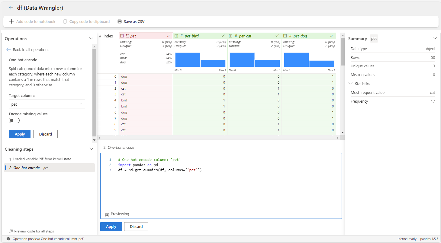 Screenshot showing how to apply a one-hot encode operator in Data Wrangler.