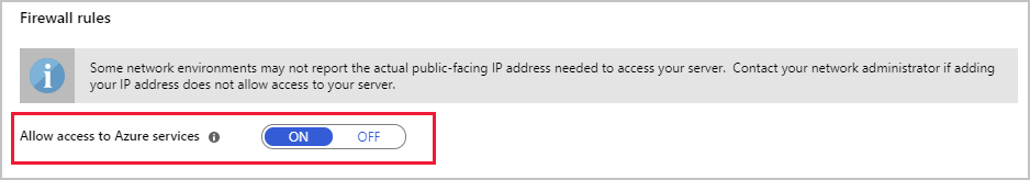 Image highlighting the Allow access to Azure services action setting in the firewall configuration for Azure Database for MySQL or PostgreSQL