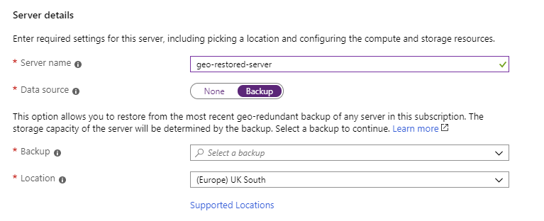 Image showing the server details section when creating an Azure Database for MySQL or PostgreSQL server