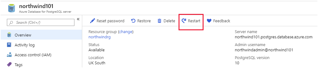 Image of the Overview page for Azure Database for PostgreSQL. The Restart button is highlighted