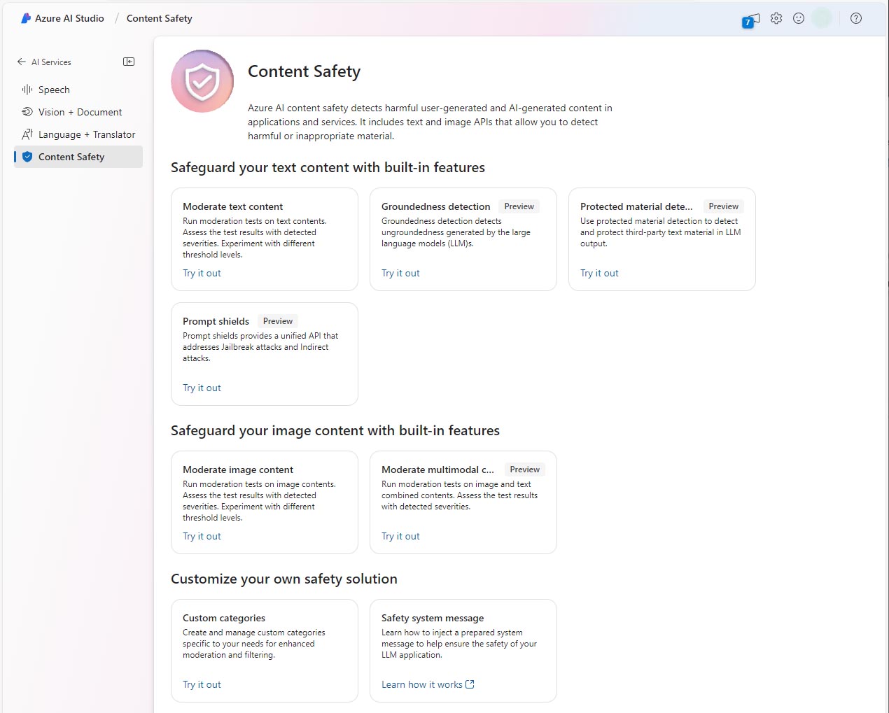 Snímek obrazovky se sadou Content Safety Studio v Azure AI Studiu