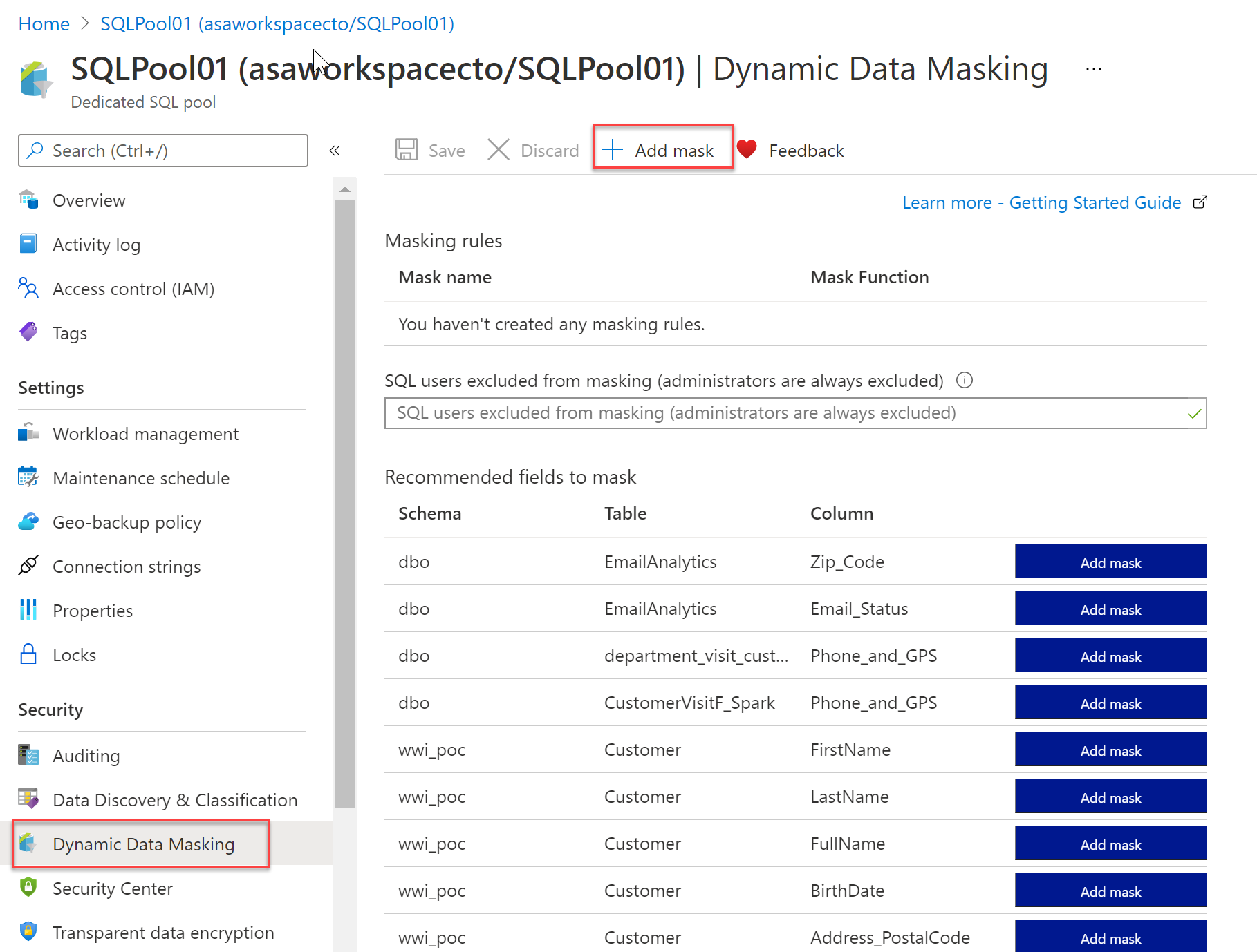 Dynamické maskování dat v Azure Synapse Analytics