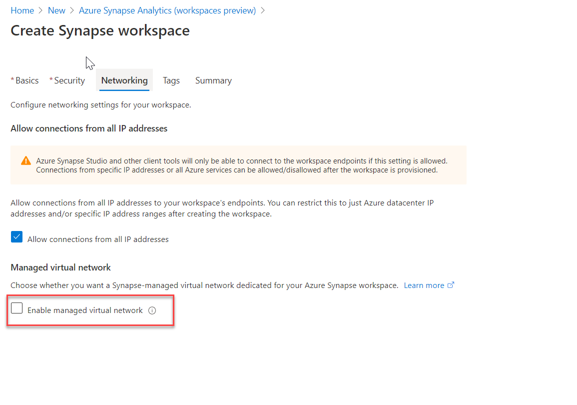 Povolení spravované virtuální sítě při vytváření pracovního prostoru Azure Synapse