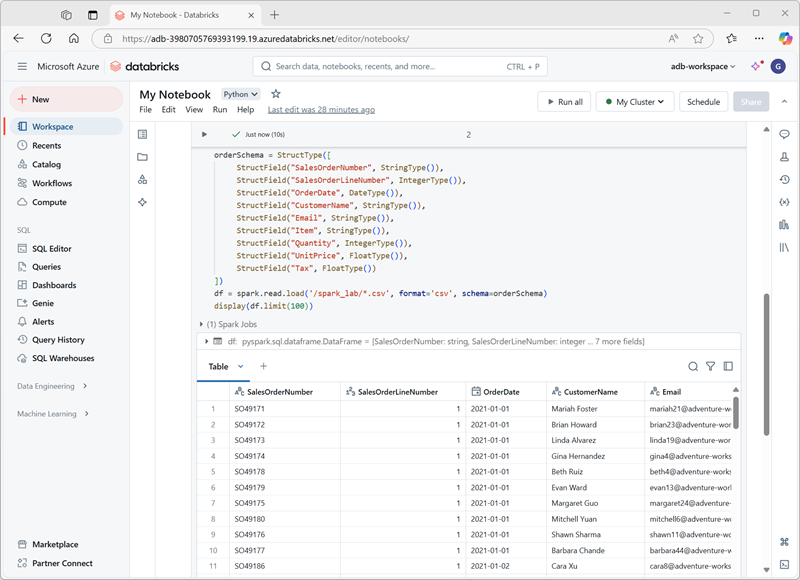 Snímek obrazovky s poznámkovým blokem v Azure Databricks