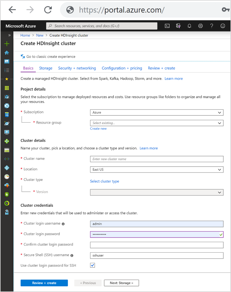 Snímek obrazovky se základní kartou na obrazovce Vytvořit cluster HDInsight na webu Azure Portal