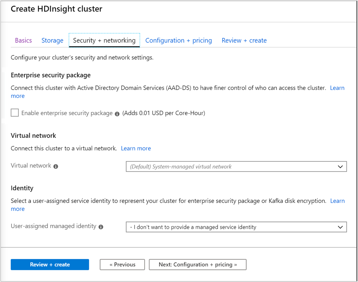 Snímek obrazovky s kartou Zabezpečení a sítě na obrazovce Vytvořit cluster HDInsight na webu Azure Portal