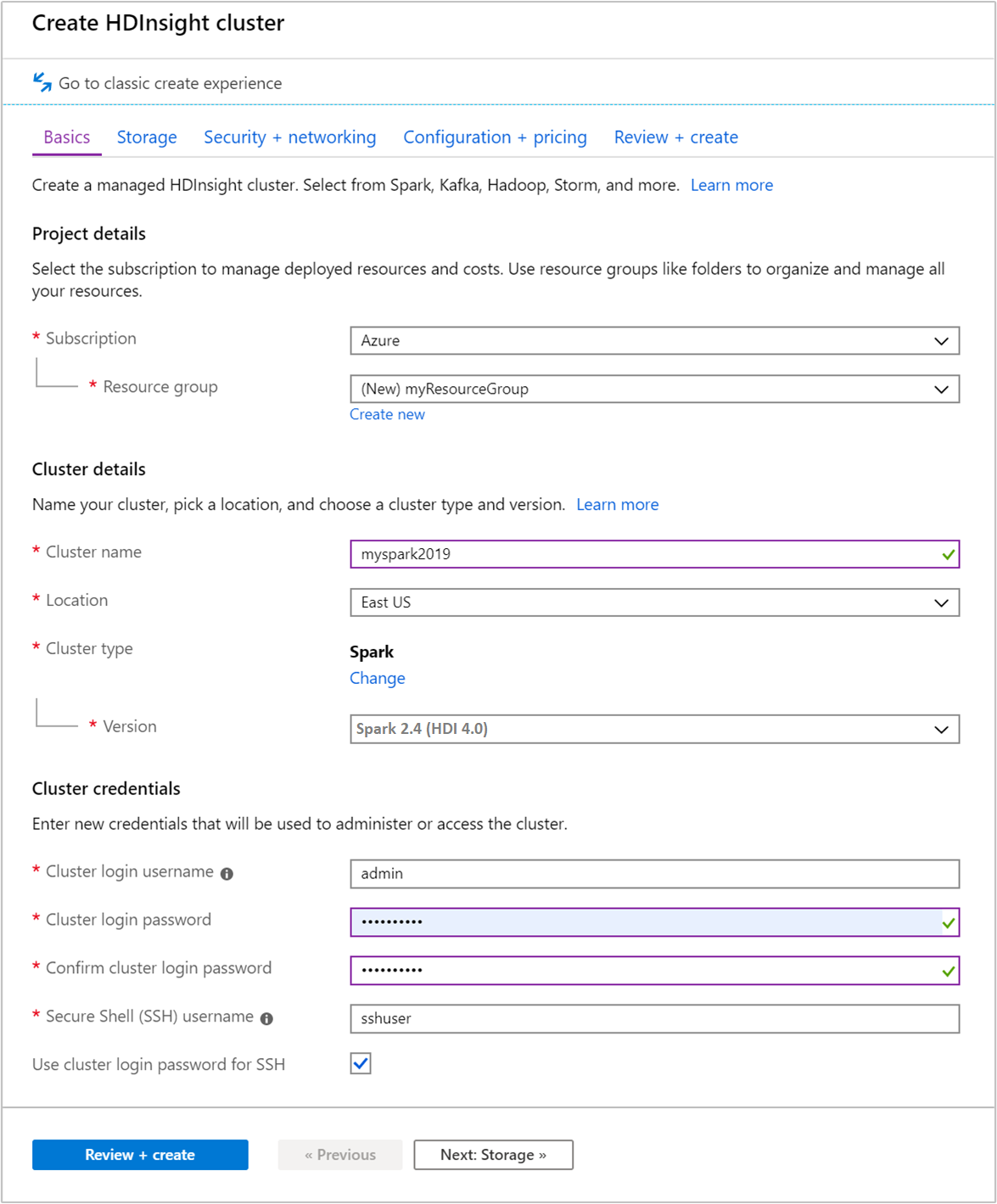 Snímek obrazovky se základní kartou na obrazovce Vytvořit cluster AzureHDInsight na webu Azure Portal