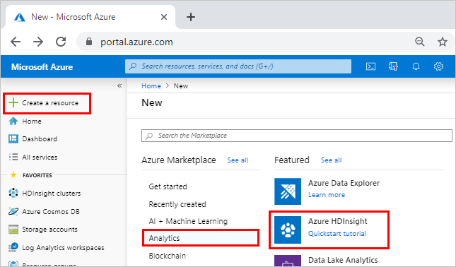 Snímek obrazovky znázorňující web Azure Portal se zvýrazněnou možností Vytvořit prostředek, Analýzu a Azure H D Insight