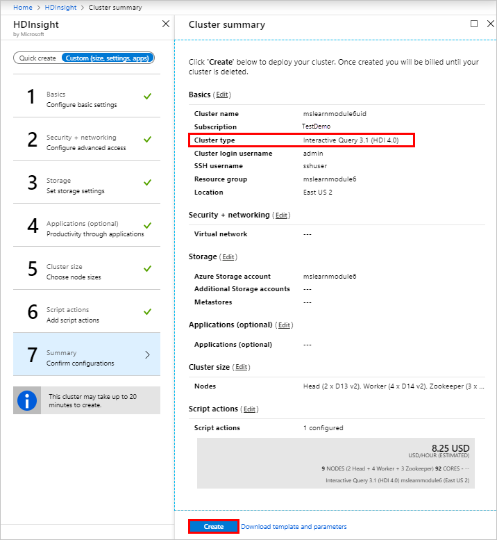 Stránka souhrnu SLUŽBY HDInsight na webu Azure Portal.