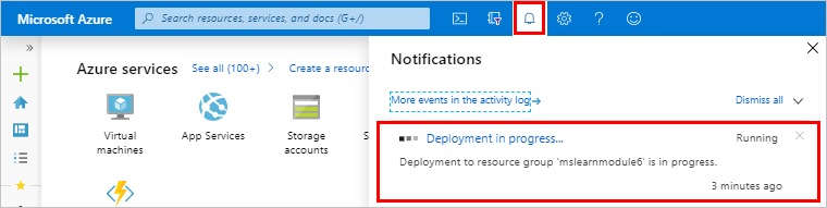 Probíhající oznámení o nasazení na webu Azure Portal