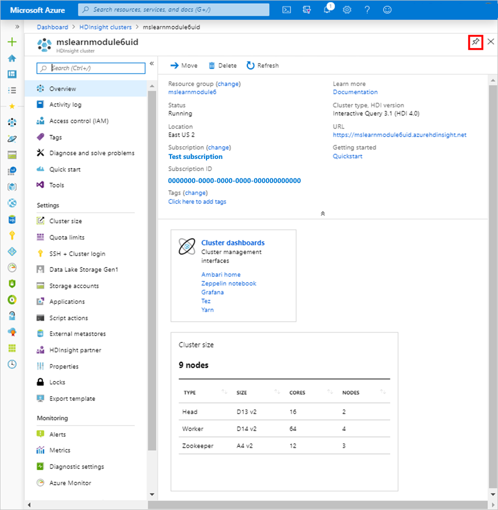 Obrazovka s přehledem SLUŽBY HDInsight na webu Azure Portal