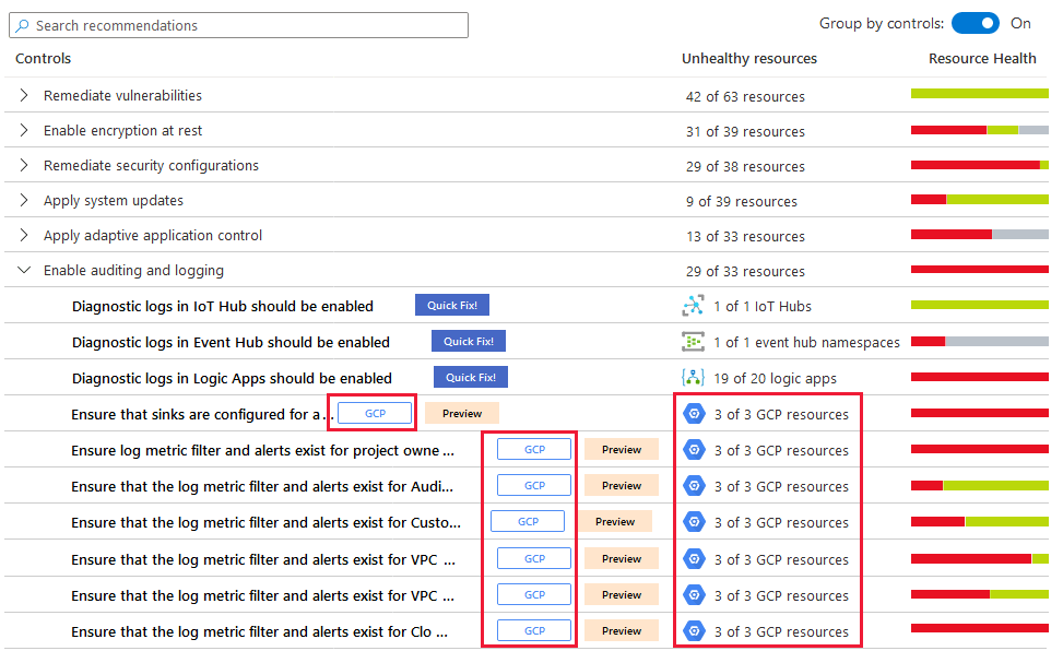 Screenshot of the G C P resources in recommendations