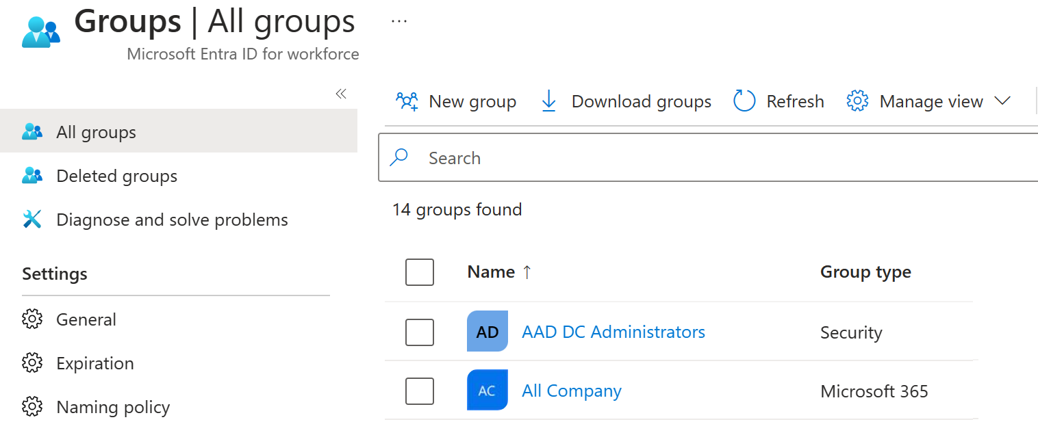 Screenshot of the Microsoft Entra ID view all groups page. It shows a list of several groups that already exist, along with attributes about group like Group Type and Membership Type.