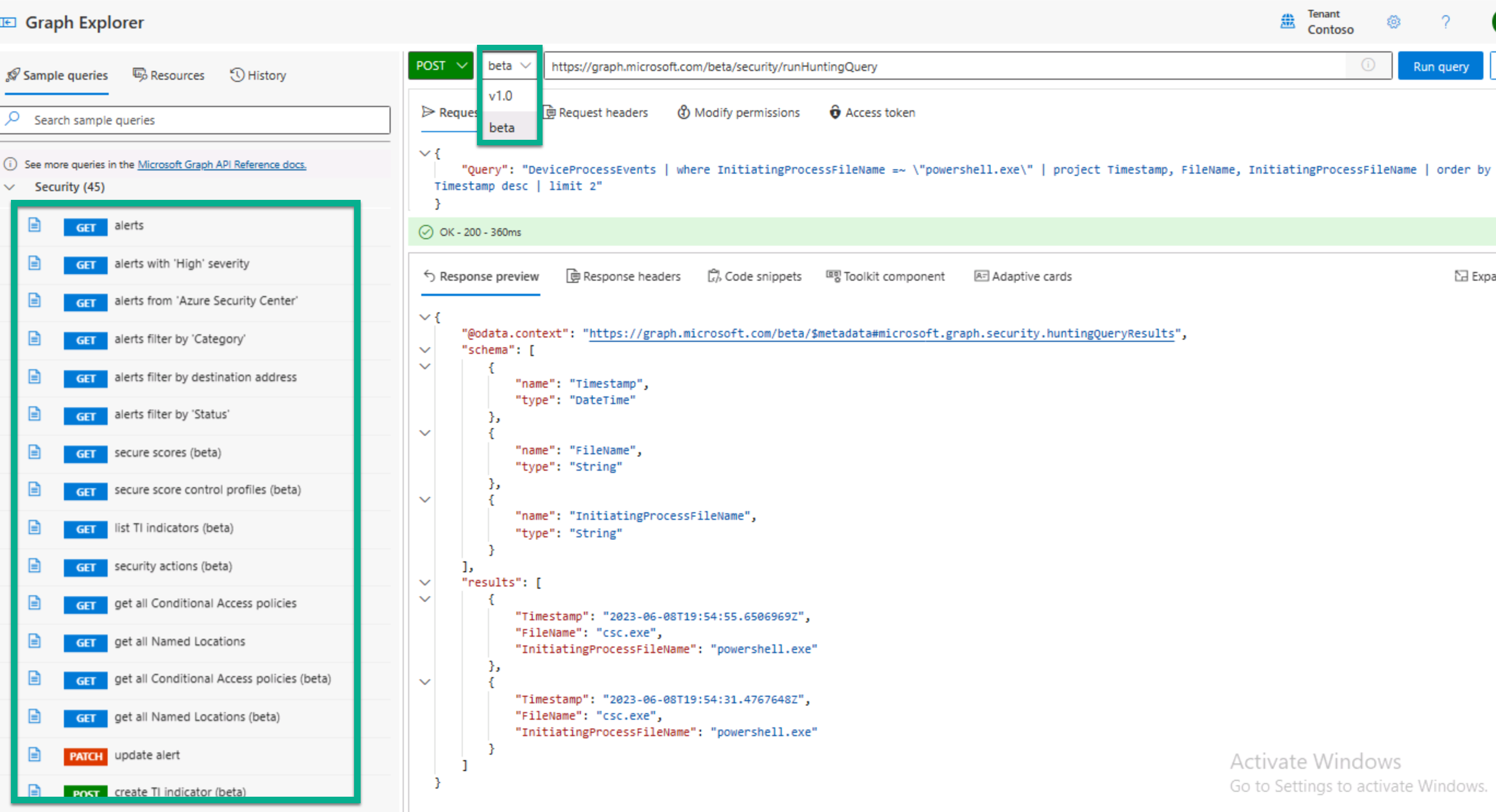 Snímek obrazovky Microsoft Graph Exploreru se spuštěným dotazem proaktivního vyhledávání KQL