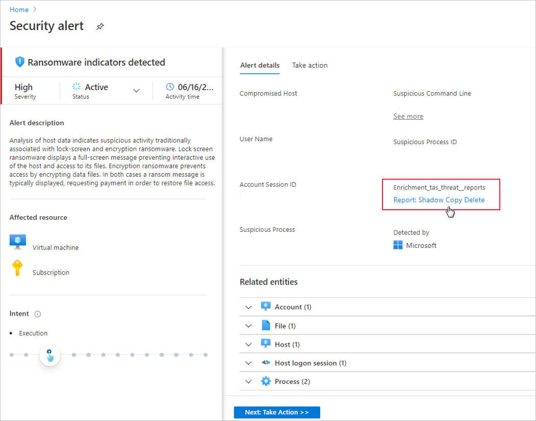 Screenshot of Defender for Cloud ransomware indicators detected link to threat intel report.