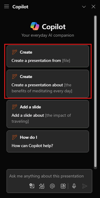 Screenshot of the Copilot panel in PowerPoint upon first opening.