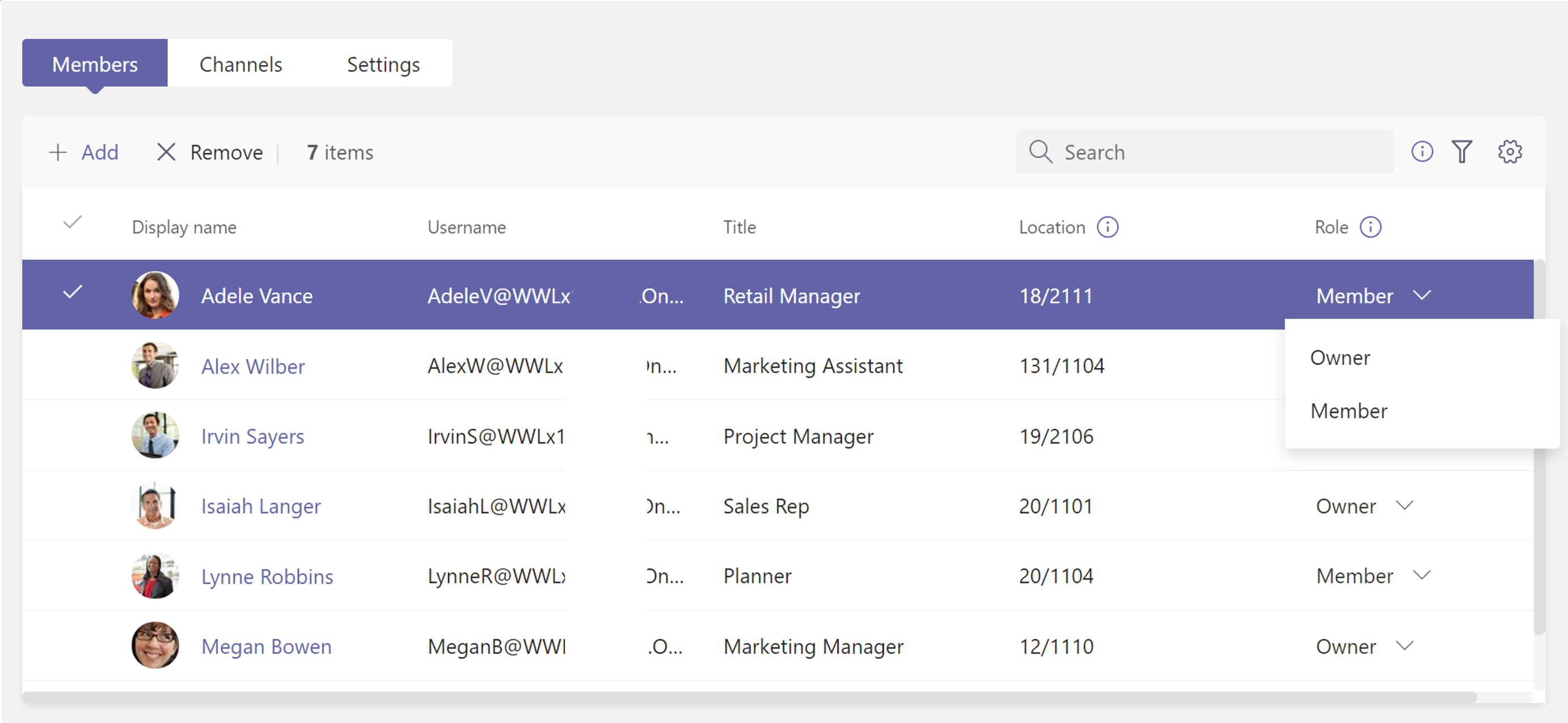  Screenshot of managing users in a team.