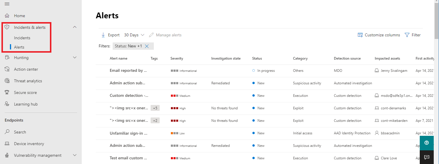 Screenshot of the Alerts page in the Microsoft 365 Defender portal.