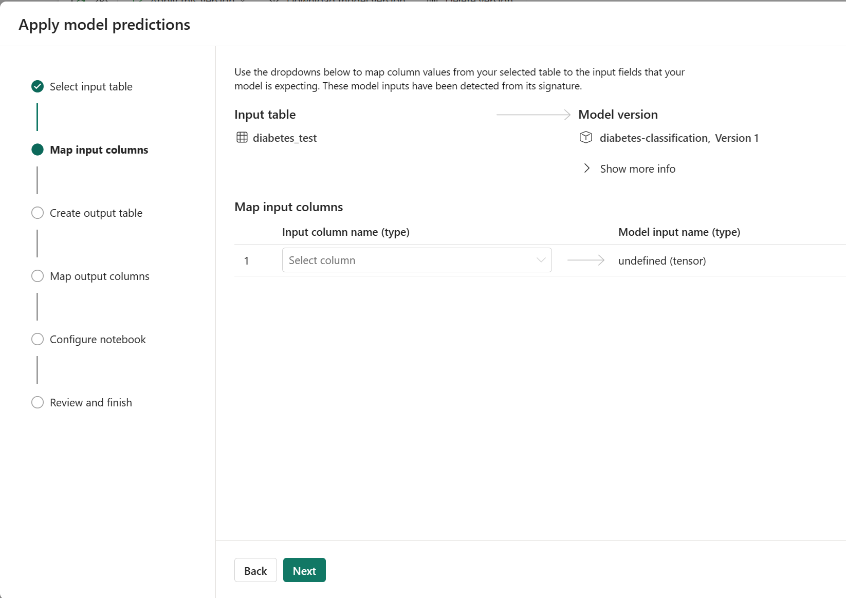 Screenshot of apply model wizard showing one input column.