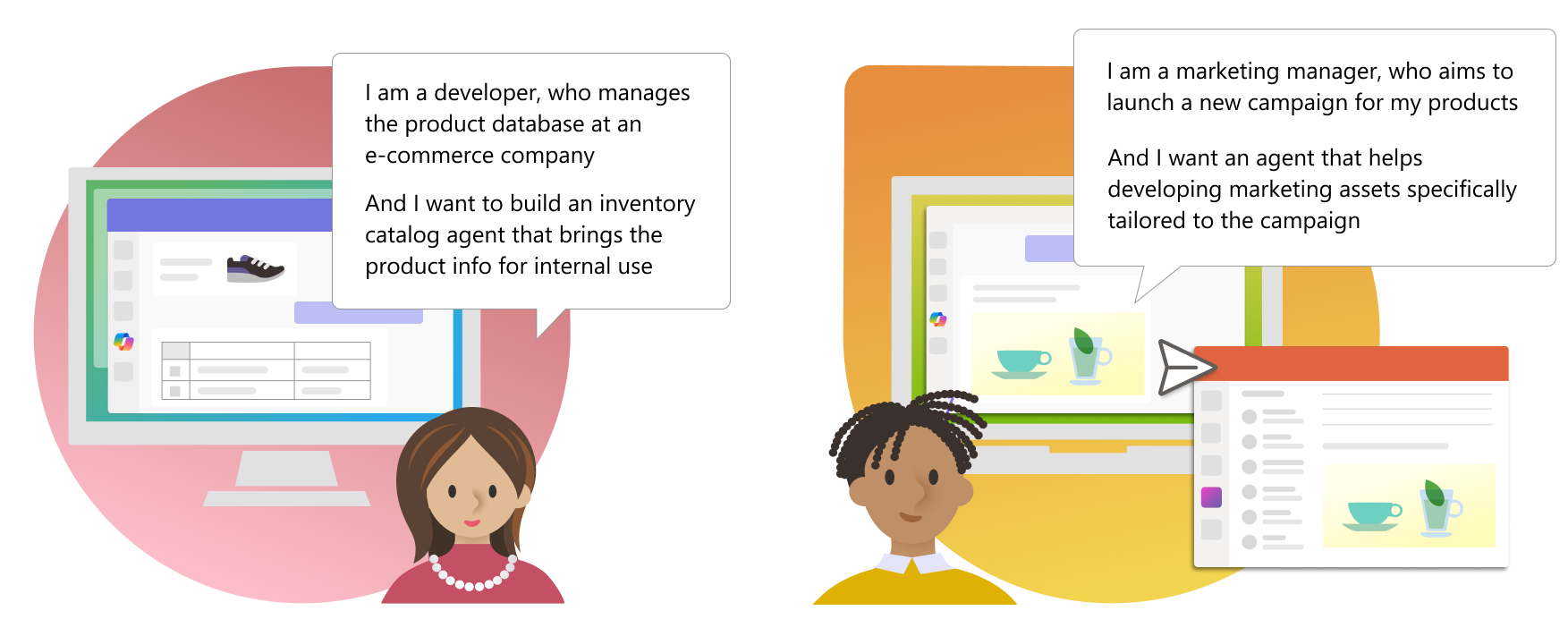 Illustration showing examples of how a developer and a marketing manager can use Copilot agents.