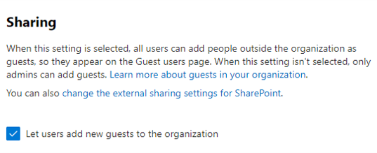 Screenshot of the security and privacy guest sharing setting in the  Microsoft 365 admin center.