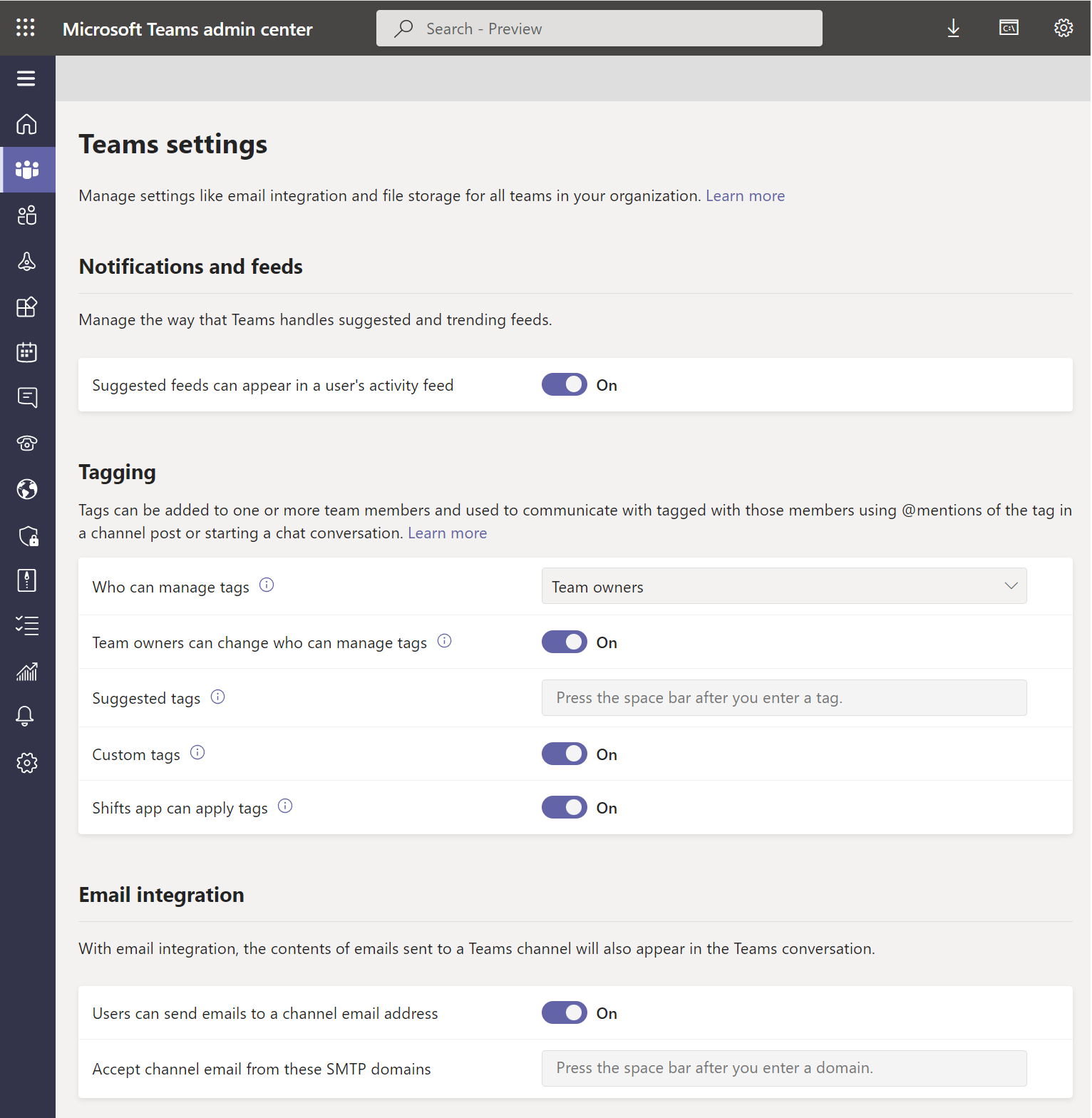  Screenshot of Microsoft Teams admin center: Teams settings.