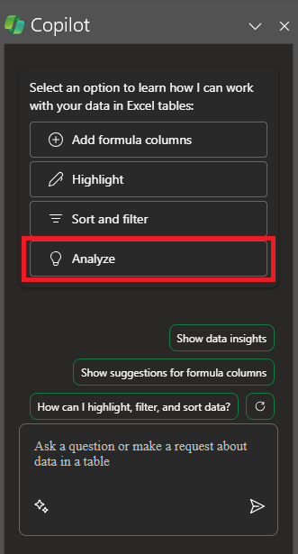 Screenshot of the Copilot panel in Excel upon first opening.