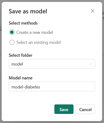 Screenshot of the save as model pop-up in Microsoft Fabric.