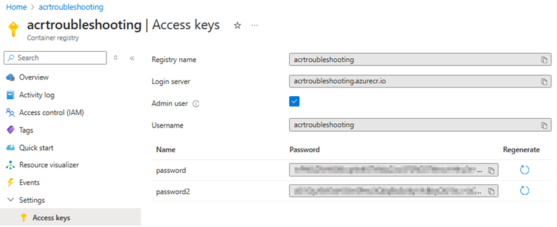 Screenshot that shows the ACR 'Access keys' blade.