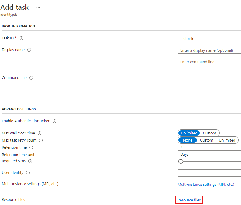 Azure portal screenshot of the Add task pane in an Azure Batch account Jobs page.