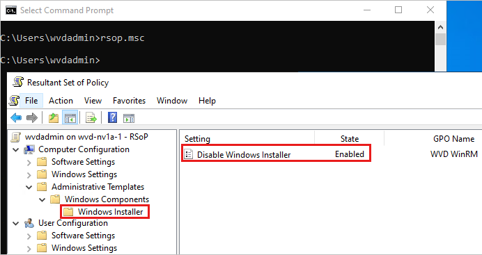 Screenshot of Windows Installer policy in Resultant Set of Policy.