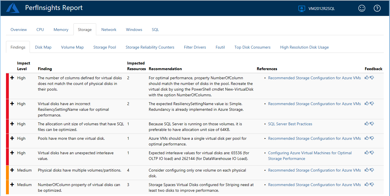 Screenshot of Findings tab under Storage tab of the PerfInsights Report.