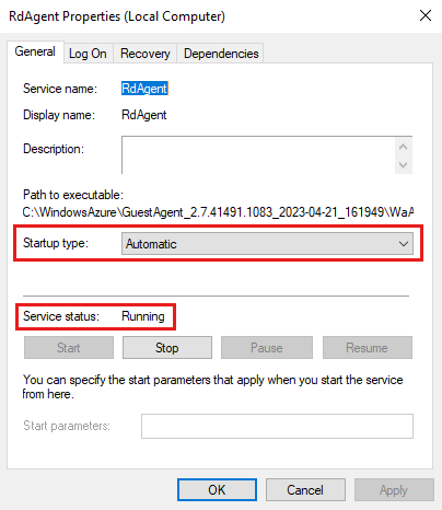 Screenshot of the RdAgent Properties dialog box. The dialog box shows the RdAgent service status as Running and the startup type as Automatic.