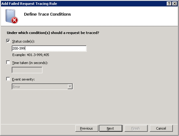 Screenshot of the Add Failed Request Tracing Rule. Status code is checked.