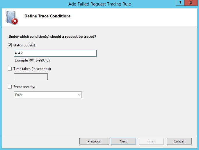 Screenshot of Add Failed Request Tracing Rule showing Define Trace Conditions page and 404 point 2 entered as the status code.