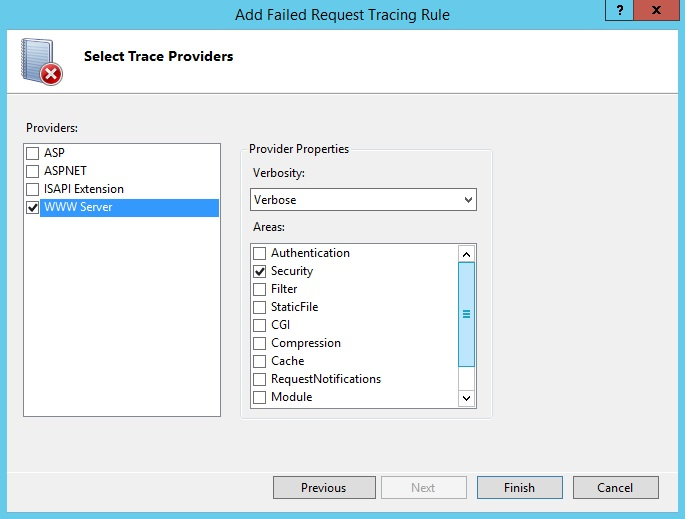 Screenshot of Add Failed Request Tracing Rule Wizard showing WWW Server selected from Providers list and Security being selected from the Areas menu.