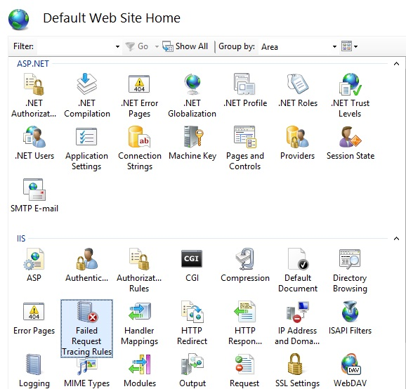 Screenshot of Default Web Site Home pane showing Failed Request Tracing Rules feature selected.