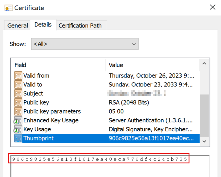 Screenshot of the Certificate dialog showing the Details tab. The thumbprint value is highlighted.