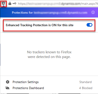 Screenshot showing configuring the tracking prevention section in Firefox.