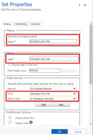 entering values on the Display tab for the subgrid.