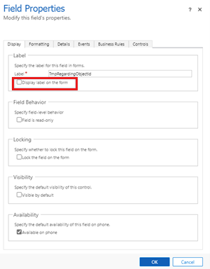 Clear the Display label on the form and Visibility by default checkboxes.